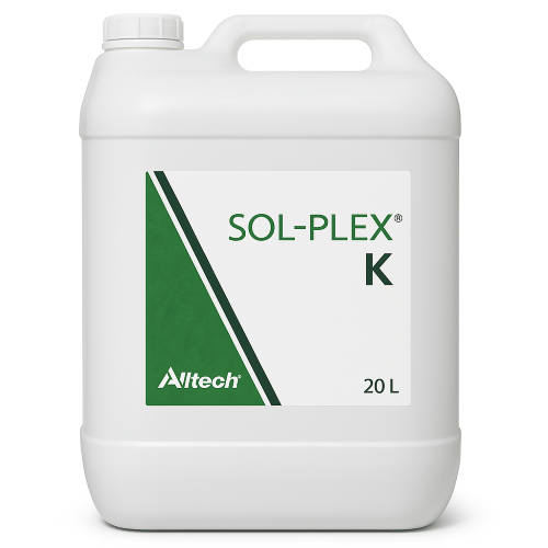 Garrafa de 20 litros de SOL-PLEX K, solución de potasio líquido ecológico para engorde y maduración de frutos, disponible en Sercopag