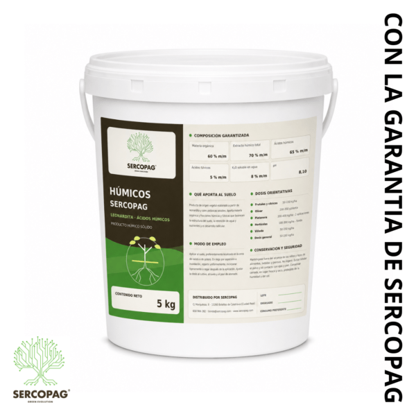 Ácidos húmicos de leonardita 5 kg: 65 % húmicos, 5 % fúlvicos y 8 % potasio. Mejora raíces, suelo y nutrientes en olivo, viña y huerto.