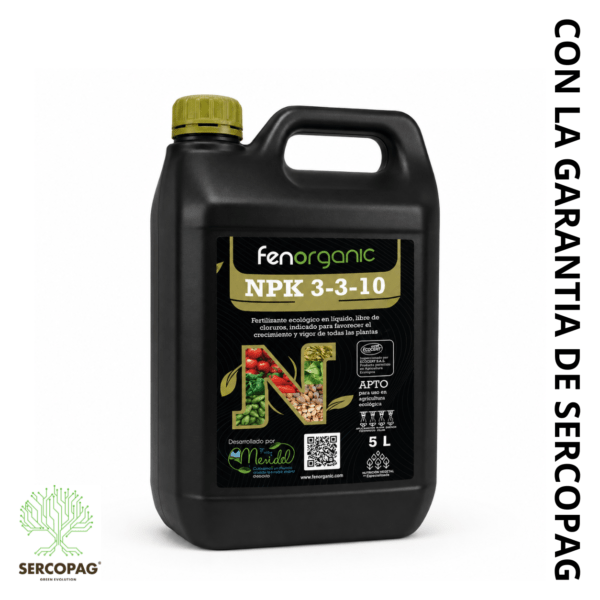 FENORGANIC NPK 3-3-10 líquido en 5 y 20 L. Con potasio, aminoácidos, materia orgánica y algas para aplicación foliar y fertirriego.