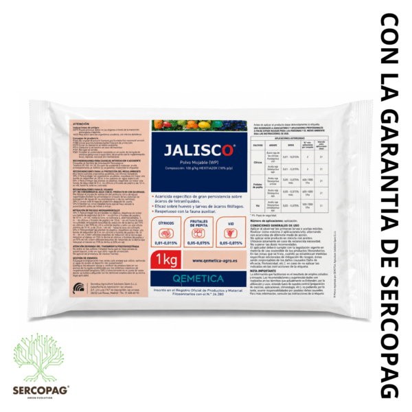 Jalisco WP con hexitiazox 10 % para controlar araña roja, araña amarilla y ácaro rojo en cítricos, vid y frutales. Envase profesional de 1 kg.