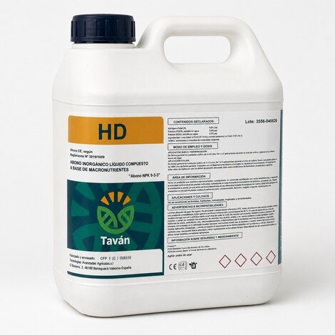 Taván HD, abono líquido NPK 9-3-3 para aplicación foliar y fertirrigación. Ayuda a regular el cultivo en floración, cuajado y engorde.